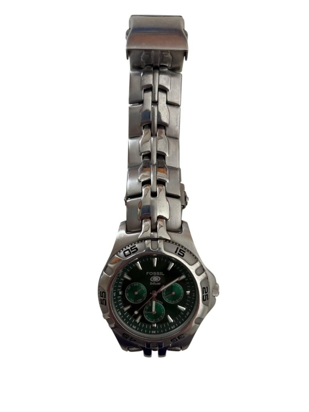 Fossil Blue BQ-9204 Mens Watch Green Dial Stainless Bracelet Quartz 100m Sport